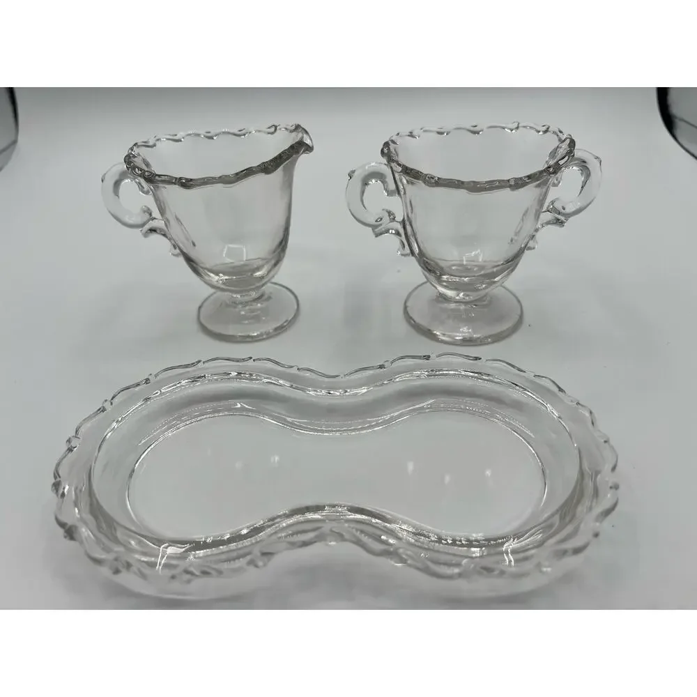 Elegant Fostoria Century Clear Glass Creamer Sugar Bowl and Matching Tray 1960's